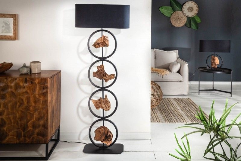Lampadaire design ELEMENTS 147cm pied casquette en coton noir et bois massif - 40398