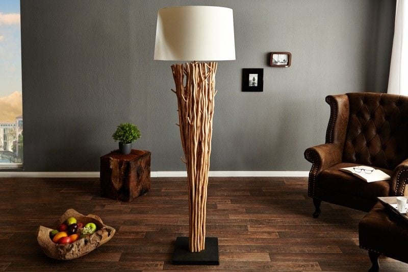 Lampadaire design en bois flotté EUPHORIA 180cm naturel avec abat-jour en lin - 20697