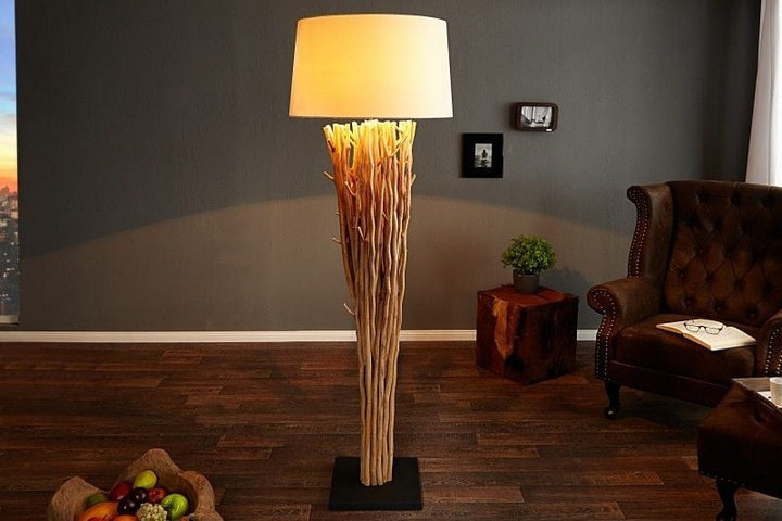 Lampadaire design en bois flotté EUPHORIA 180cm naturel avec abat-jour en lin - 20697