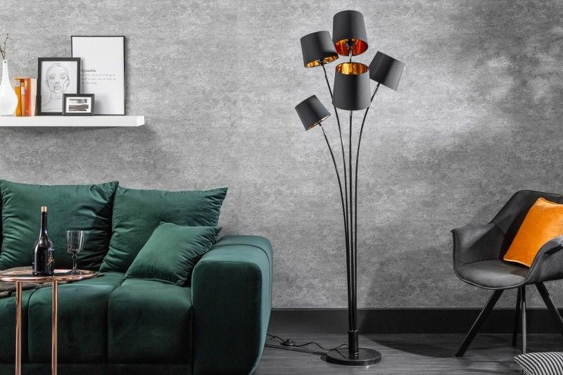 Lampadaire design LEVELS 176cm avec 5 abat-jour en lin lampadaire noir doré - 40038