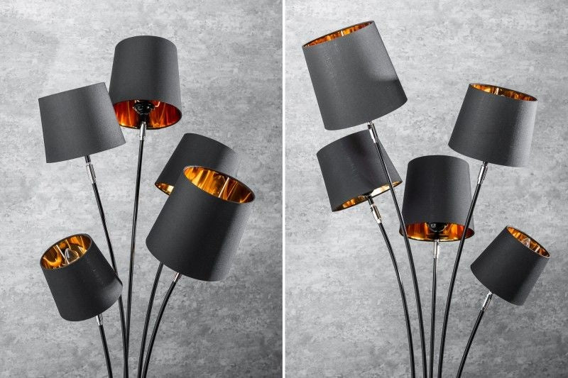 Lampadaire design LEVELS 176cm avec 5 abat-jour en lin lampadaire noir doré - 40038