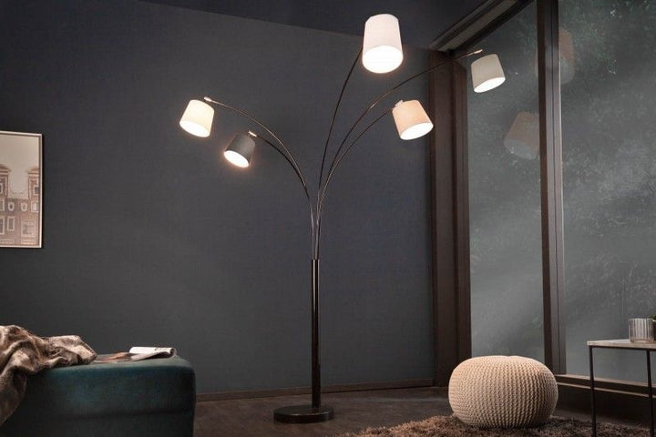 Lampe arc design LEVELS 205cm noir-gris 5 abat-jour en lin - 36398
