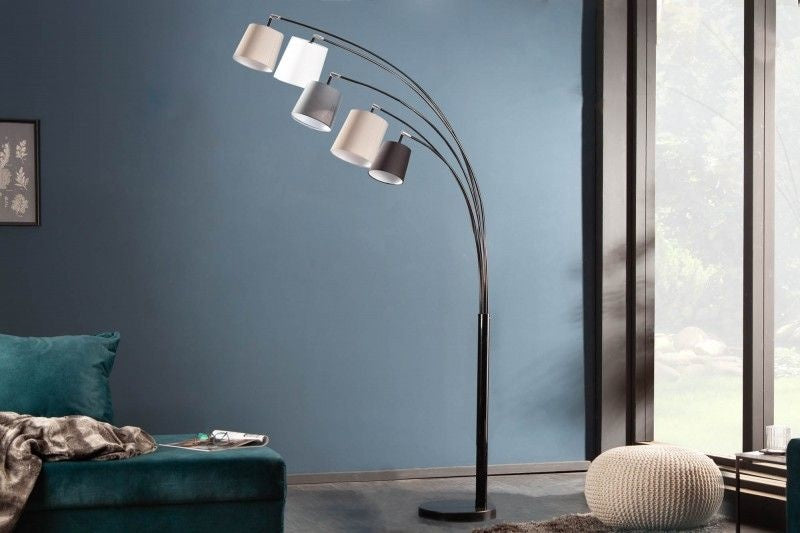 Lampe arc design LEVELS 205cm noir-gris 5 abat-jour en lin - 36398