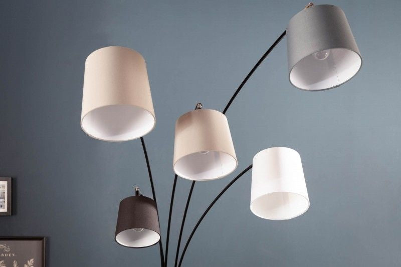 Lampe arc design LEVELS 205cm noir-gris 5 abat-jour en lin - 36398