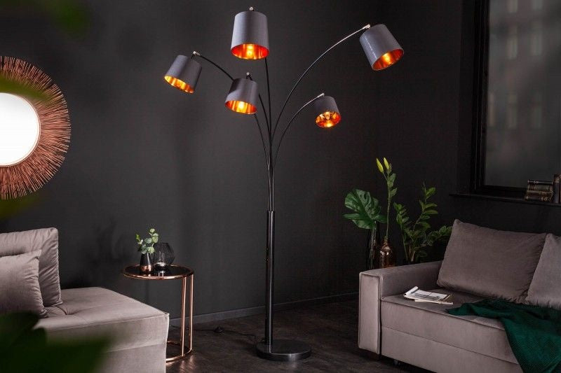 Lampe arc design LEVELS 205cm noir doré 5 abat-jour lin inclinables lampadaire - 40036