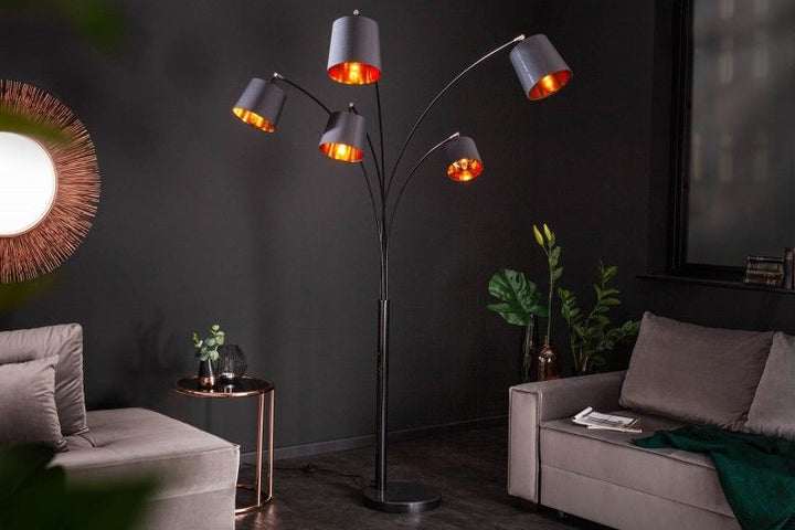 Lampe arc design LEVELS 205cm noir doré 5 abat-jour lin inclinables lampadaire - 40036