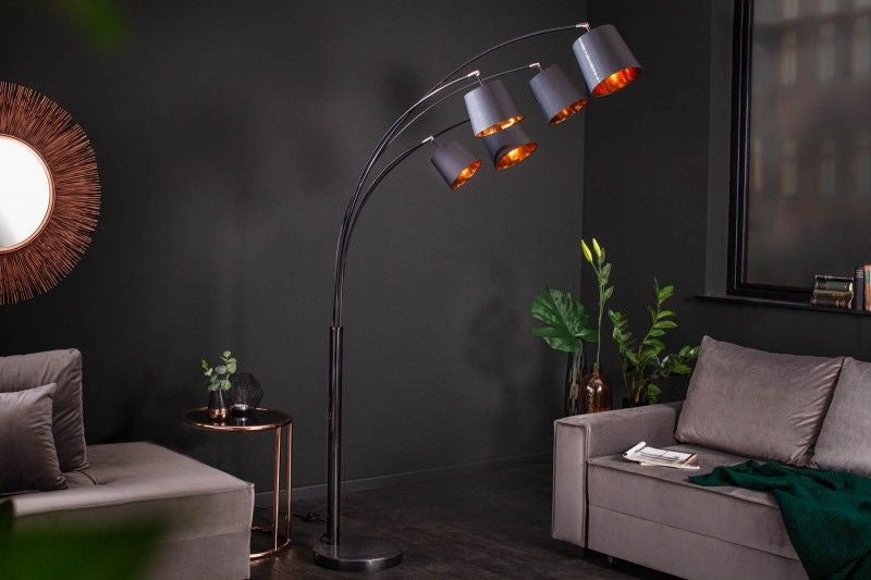 Lampe arc design LEVELS 205cm noir doré 5 abat-jour lin inclinables lampadaire - 40036