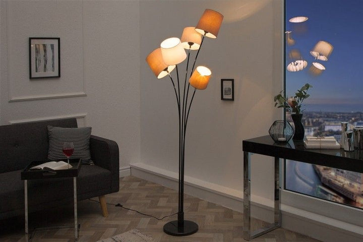 Lampadaire design LEVELS 176cm blanc beige marron avec 5 abat-jour en lin - 39059