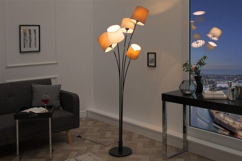 Lampadaire design LEVELS 176cm blanc beige marron avec 5 abat-jour en lin - 39059