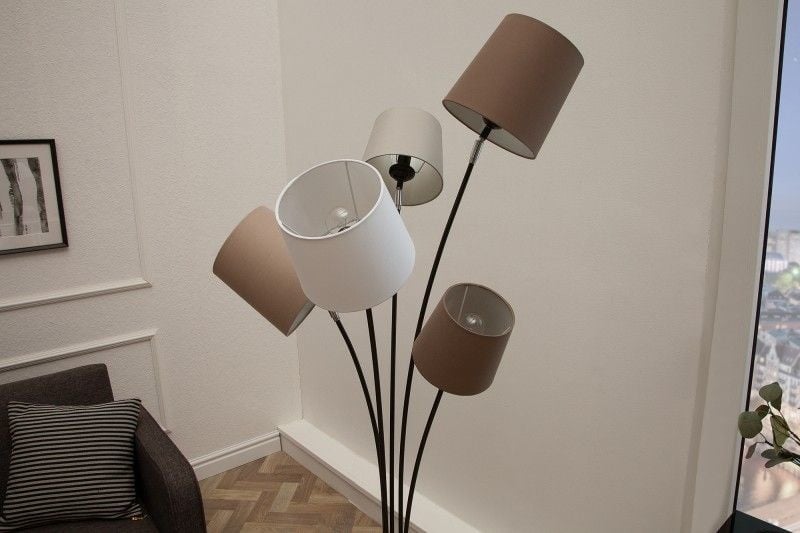 Lampadaire design LEVELS 176cm blanc beige marron avec 5 abat-jour en lin - 39059