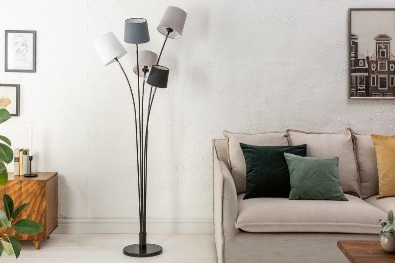 Lampadaire design LEVELS 176cm noir-gris avec 5 abat-jour en lin - 40745
