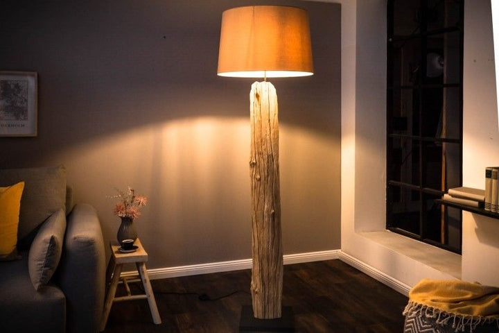 Lampadaire fait main ROUSILIQUE 180cm lampe en bois flotté beige abat-jour en lin tronc d'arbre - 17320