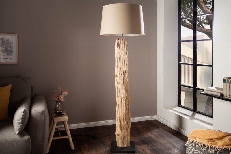 Lampadaire fait main ROUSILIQUE 180cm lampe en bois flotté beige abat-jour en lin tronc d'arbre - 17320