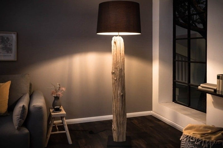 Lampadaire fait main ROUSILIQUE 180cm lampe en bois flotté noir abat-jour en lin tronc d'arbre - 17321