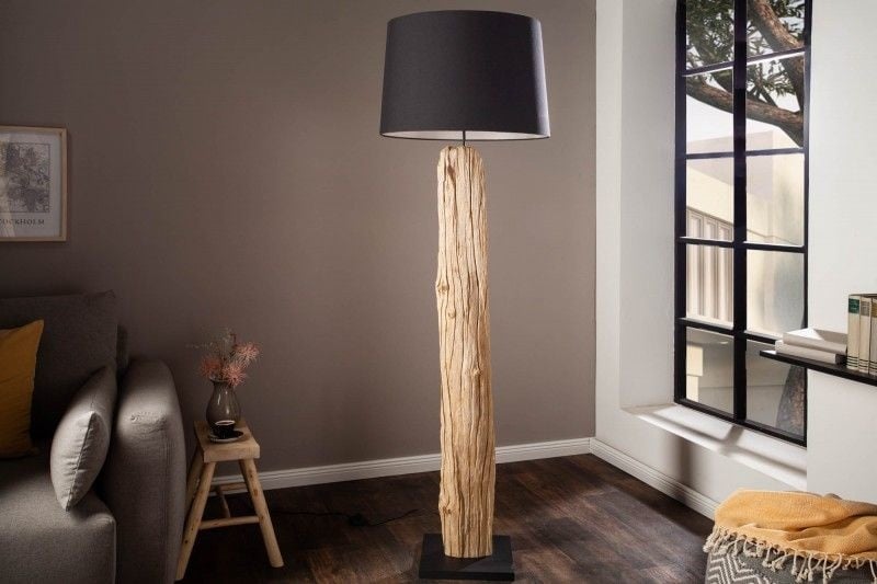 Lampadaire fait main ROUSILIQUE 180cm lampe en bois flotté noir abat-jour en lin tronc d'arbre - 17321
