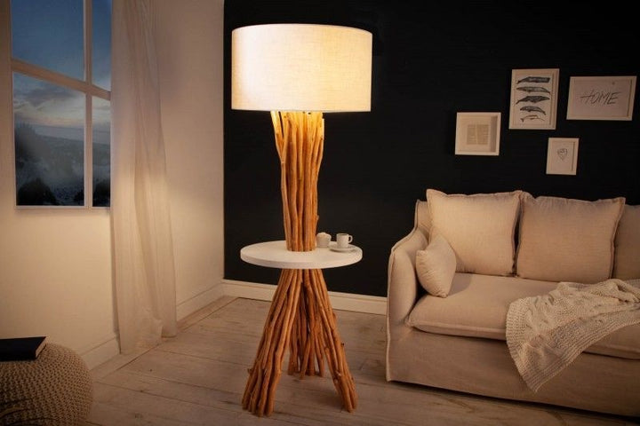 Lampadaire fonctionnel SERVANT 153cm en bois de longane massif avec abat-jour en lin et table - 40400