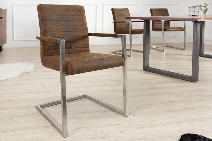 chaise cantilever industrielle LOFT vintage marron avec accoudoirs structure en acier inoxydable - 37078
