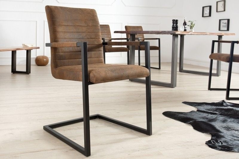 chaise cantilever industrielle LOFT vintage accoudoirs marron cadre en fer chaise de salle à manger - 37081