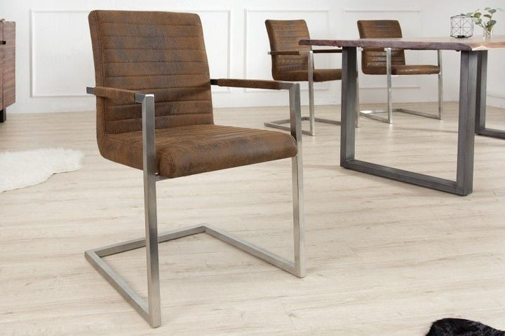 chaise cantilever industrielle LOFT vintage marron avec accoudoirs structure en acier inoxydable - 37078