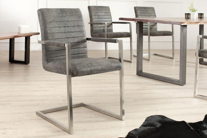 chaise cantilever industrielle LOFT vintage gris avec accoudoirs structure en acier inoxydable - 37080